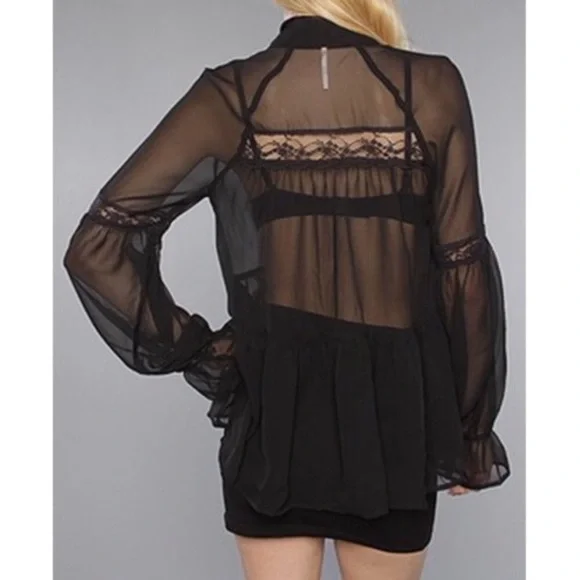 10. Free People Black Sheer Peasant Neck Tie Blouse S - Picture 2 of 8